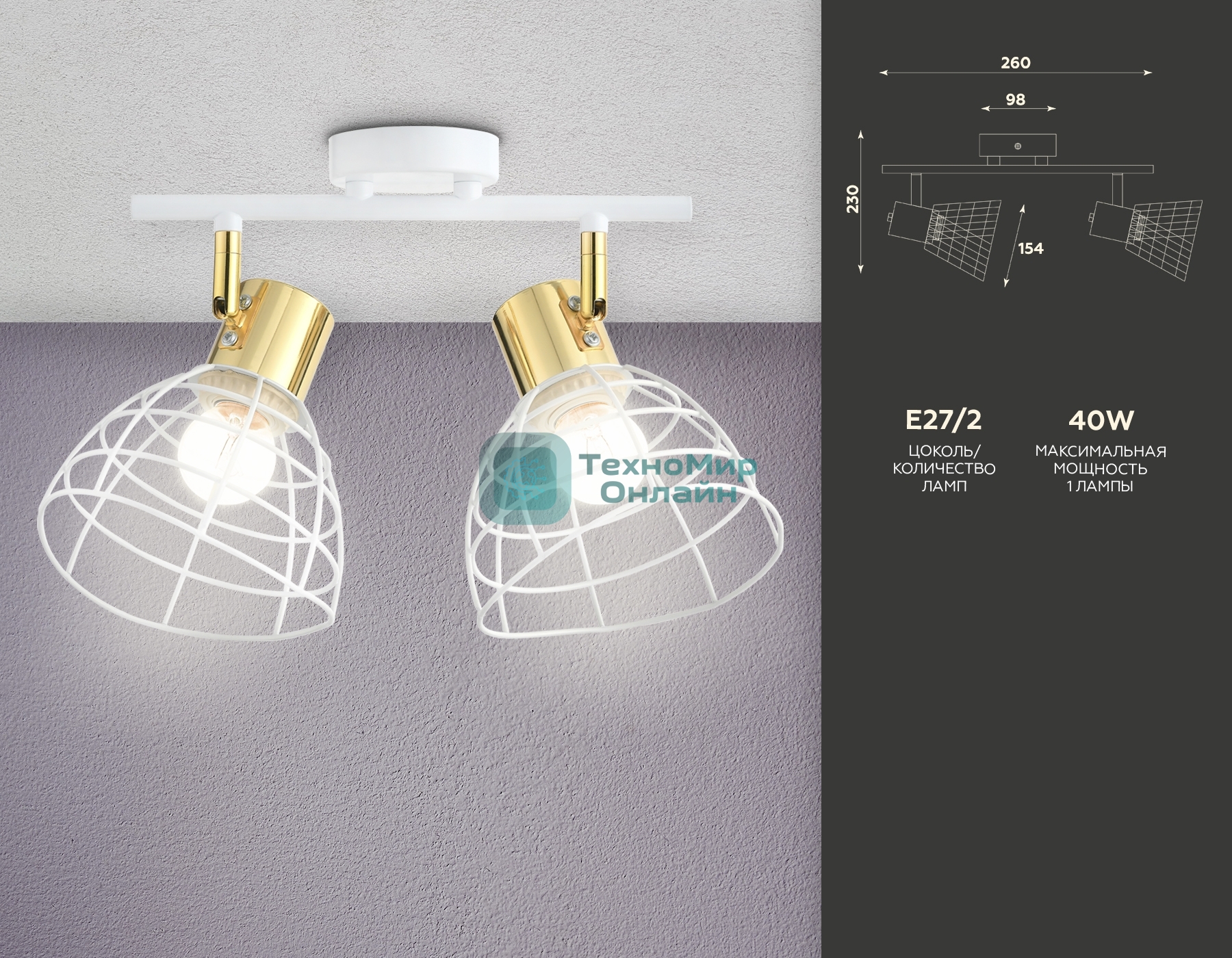 Светильник Ambrella light TR8601/2 WH/GD белый/золото E27*2 max 40W 260*154*230
