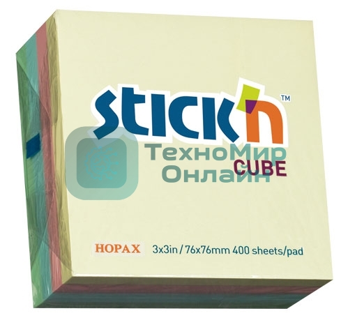 Блок самоклеящийся бумажный Stick`n 21013 76x76 мм, 400 листов, 70 г/м2, пастель, 4 цвета в упаковке