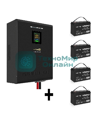 Комплект Источник бесперебойного питания EX296004RUS + батарея 100Aч EX282985RUS 4шт (инвертор, синус, для котла, настенный) ExeGate FineSine SX-5000.LCD.AVR.2SH.T <5000VA/3500W, чистая синусоида, цветной LCD-дисплей, AVR, 2*Schuko+клеммы, линейно-интерактивный, крепление настенное, черный> + батарея ExeGate DT 12100 (12В, 100Ач) 4шт