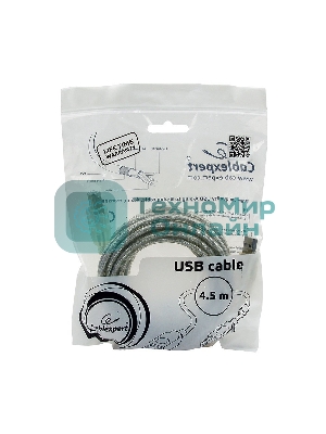 Кабель USB2.0 Cablexpert CCF-USB2-AMBM-TR-15, AM/BM, медь, двойн.экран, фер.кольцо, Pro, 4.5м, прозрач, пакет