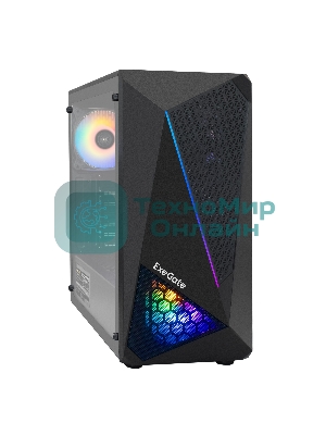 Компьютерный корпус Miditower ExeGate EVO-8225-EVO800 (ATX, БП EVO800RGb с вент. 12см, 2хUSB+1хUSB 3.0, черный, 2 вент. с RGb подсветкой и полоса на передней панели, боковая панель - закаленное стекло)