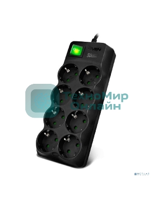 Сетевой фильтр SVEN SF-08E-16 (3 м 8 розеток с защитными шторками,16А) черный, цветная коробка