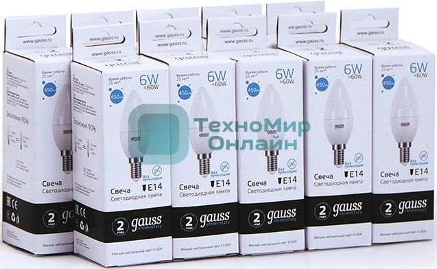 Лампа светодиодная Gauss Elementary 6Вт цок.: E14 свеча 220B 4100K св. свеч. белый. ней. C37 (упак.: 10 шт)