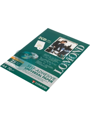 Самоклеящаяся бумага Lomond универсальная для этикеток, A4, 2 шт для CD/DVD (D117/D18мм), 70 г/м2, 25 листов
