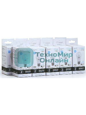 Лампа светодиодная Gauss Elementary 15Вт цок.:E27 груша 220B 6500K св.свеч.бел.хол. A60 (упак.:10шт) (23235)