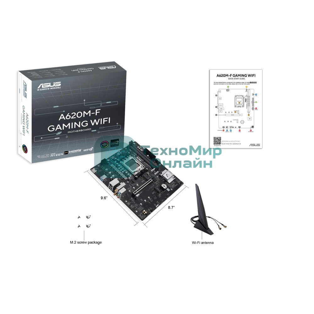 Материнская плата ASUS A620M-F GAMING WIFI, AM5, AMD A620, 2xDDR5, 2xM.2, 1xPCIe 4.0 x16, 1xHDMI, 1x2.5Gb LAN, Wi-Fi 6E, Bluetooth 5.3, 2xUSB-A 5Gbps, 2xUSB-A 2.0, 3x3.5 мм, 7.1, mATX