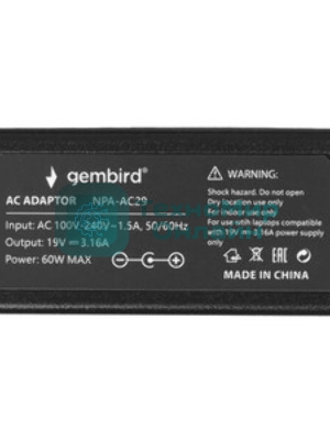 Блок питания Gembird для ноутбуков SAMSUNG NPA-AC29, 19В/3.16А, 60Вт, штекер 5.5x3мм