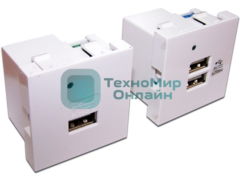 Модуль USB-зарядки, 2 порта, без шторки, 2.1A/5V, 45x45, белый