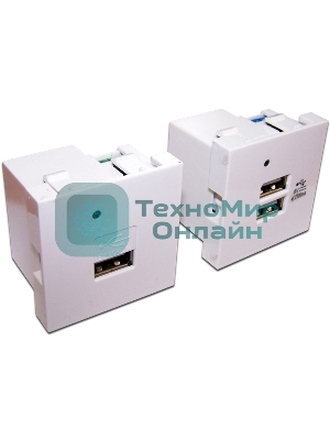 Модуль USB-зарядки, 2 порта, без шторки, 2.1A/5V, 45x45, белый