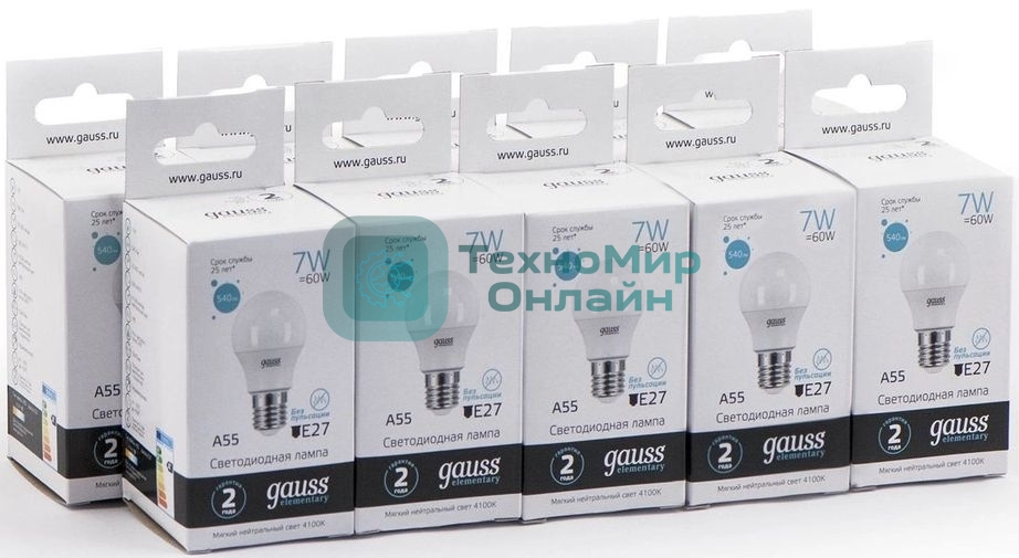 Лампа светодиодная Gauss Elementary 7Вт цок.:E27 груша 220B 4100K св.свеч.бел.нейт. A60 (упак.:10шт)