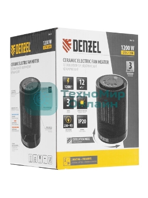 Тепловентилятор керамический Denzel DTFC-1200, черный, 600/1200 Вт, 12 м2, 3 режима, термостат