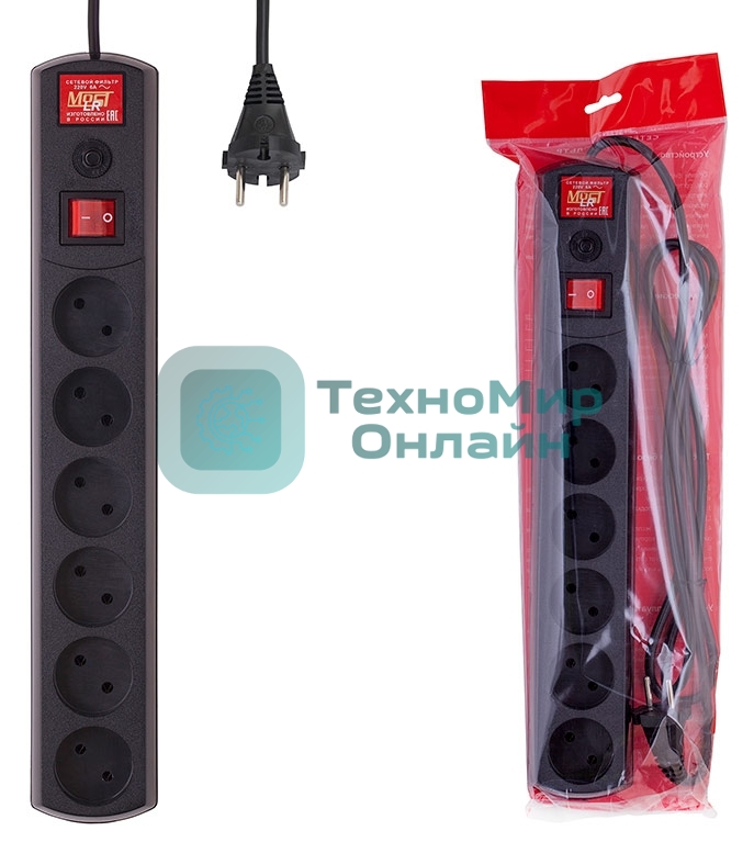 Сетевой фильтр Most LR 3 м, 6 розеток, черный, коробка