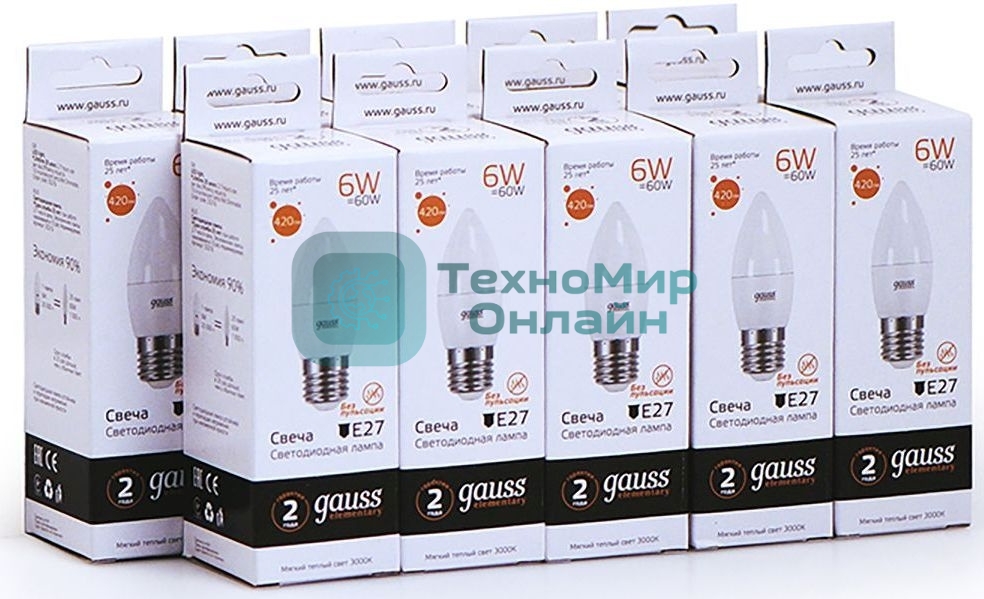 Лампа светодиодная Gauss Elementary 6Вт цок.:E27 свеча 220B 3000K св.свеч.бел.теп. C37 (упак.:10шт)