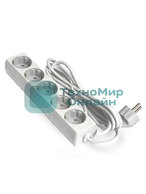 Удлинитель ExeGate ECE-5-5W (EX285827RUS), белый, 5 м, евровилка с заземлением, 5 евророзеток с заземлением, 2200 Вт