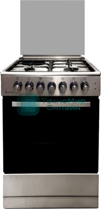 Комбинированная плита De Luxe 606031.12гэ 000(кр)чр нержавеющая стальГазово-электрическая плита, Цвет - нержавеющая сталь, Электророзжиг 3 газовые конфорки 1,0/1,5/3,0 кВт 1 электрическая конфорка 1,5 кВт Основные характеристики духового шкафа: Электрическая духовка Нижний ТЭН - 1,1 кВт ТЭН верхний/гриль - 1,3 кВт/1,8 кВ   тТерморегулятор Гриль Механический таймер Освещение Объём духовки 58 л.  Комплектация: Большой противень Малый противень Решётка для жарки Чугунные решётка рабочего стола Стеклянная крышка рабочего стола Хозяйственный отсек