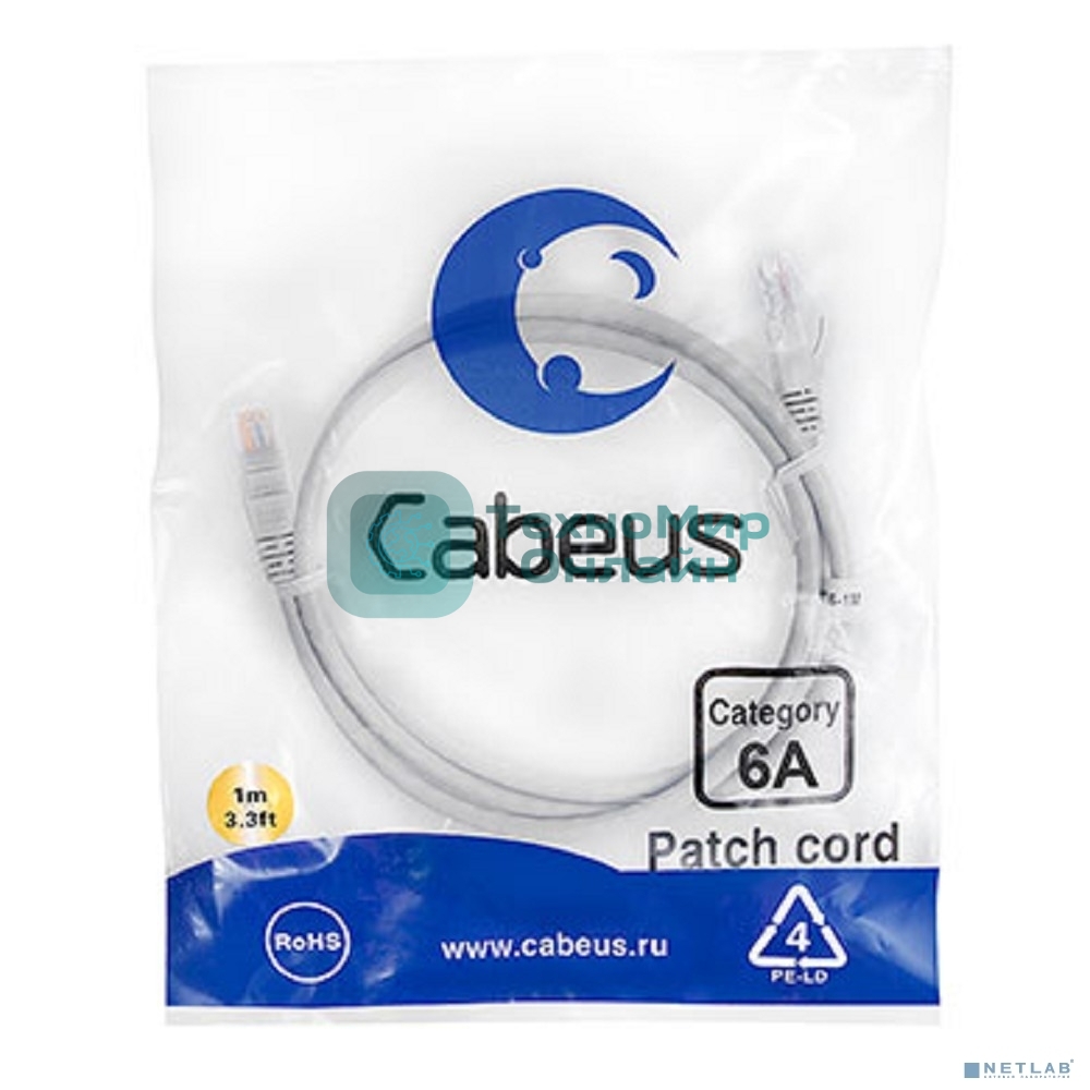 Шнур коммутационный Cabeus, cat.6a, неэкр., U/UTP, RJ45/RJ45, LSZH, AWG24, 1м, серый