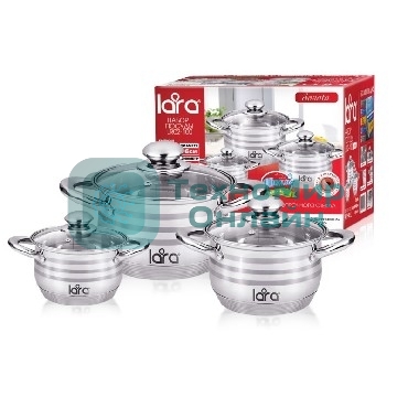Набор посуды Lara LR02-100 Sonata 6пр. LR02-100 Набор посуды Lara Sonata, 6 пр., (кастр. 2.1 л + 3.9 л + 6.5 л) стеклян. крышки