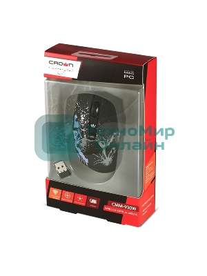 Мышь беспроводная Crown CMM-930W черный, 1600 dpi, радиоканал, USB, кнопки - 4