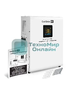 Стабилизатор напряжения настенный ExeGate Master Turbo XV-20000 (20000ВА, вход 80-265В, цветной дисплей, выход 220В±8%, КПД 98%, 5 уровней защиты, задержка, усиленный метал.корпус, 2*Schuko+клем.колодка, RTL)