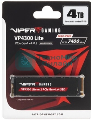 Накопитель SSD Patriot Viper VP4300, 2Tb, PCIe 4.0 x4, M.2 2280, NVMe, R/W 7400/6800, с радиатором