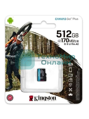 Флеш карта Kingston microSD 512GB microSDXC Class 10 UHS-I U3 V30 Canvas Go Plus 170MB/s