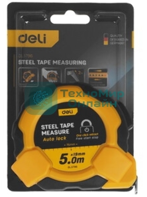 Рулетка Deli DL3796 5мx19мм, Автостоп, ударопрочный корпус, метрическая