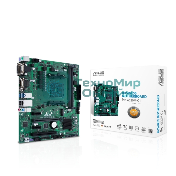 Материнская плата ASUS Pro A520M-C II/CSM, AM4, AMD A520, 2xDDR4, 4xSATA, 1xM.2, 1xPCI-E 3.0 x16, 2xPCI-E x1, 1xDVI-D, 1xDP, 1xHDMI, 1xVGA, 1x 1Gb LAN, 2xUSB-A 2.0, 4xUSB-A 3.2 Gen 1, 3x3.5 мм, Micro-ATX