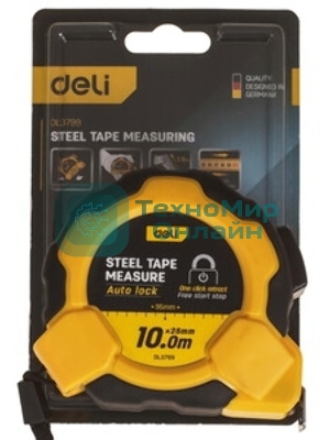 Рулетка Deli DL3799 10мx25мм, Автостоп, ударопрочный корпус, метрическая
