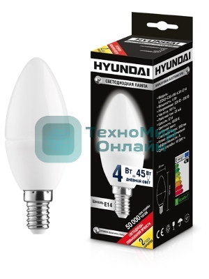 Лампа светодиодная Hyundai LED02-C35-4W-4.5K-E14 (белый свет) cерия Candle (уп-ка 20/100 шт)