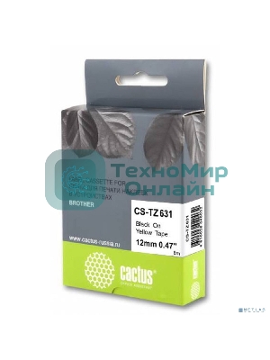 Картридж ленточный Cactus CS-TZ631 черный шрифт, желтый фон (12 мм, 8 м) для Brother 1010/1260VP/1830VP/9700PC