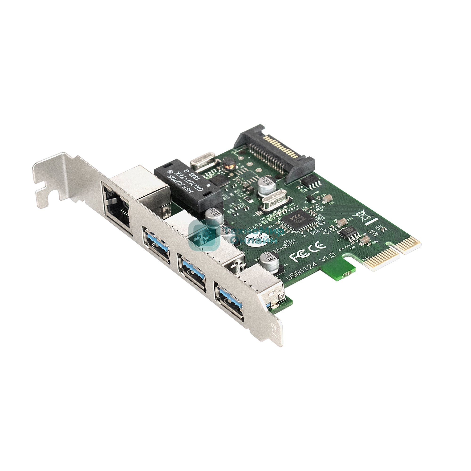 Контроллер сетевой ExeGate EXE-361 PCI-E 2.0, 3*USB 3.0 ext + LAN UTP 1000Mbps, раз.доп.пит.OEM)