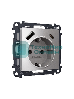 Комплект механизма электрической розетки ALFA Сталь матовый 2USB A+C 20W (быстрая зарядка) с/з QUANT (AP5100, VM160) MA510010
