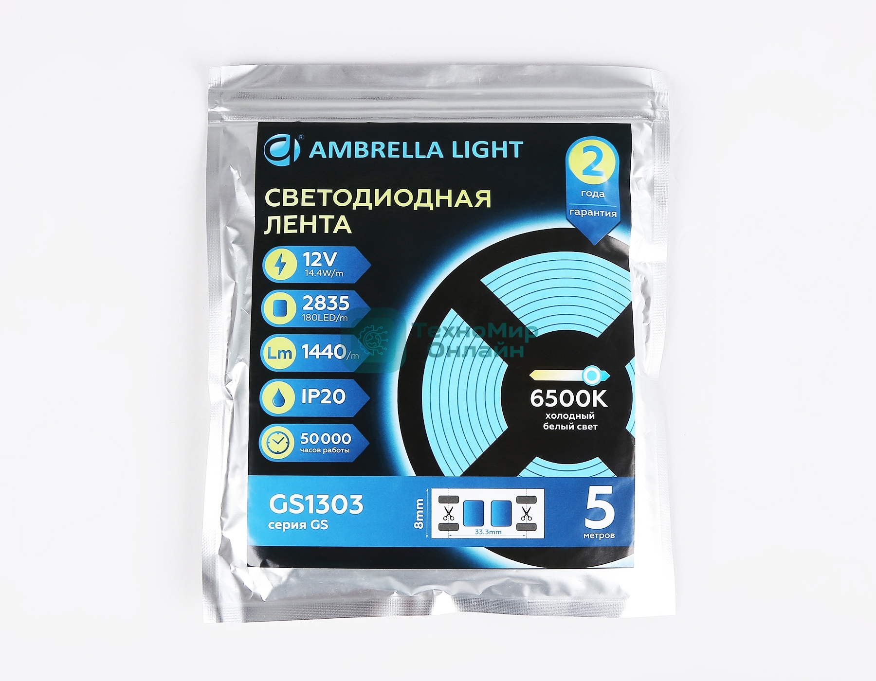 Светодиодная лента Ambrella light GS1313 2835 180Led/ 14.4W m/ 12V IP20 6500K/ 5000*10*1.2mm (2 конт.)