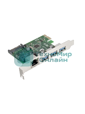 Контроллер сетевой ExeGate EXE-361 PCI-E 2.0, 3*USB 3.0 ext + LAN UTP 1000Mbps, раз.доп.пит.OEM)