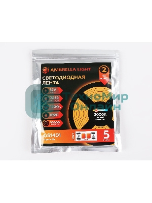 Светодиодная лента Ambrella light GS1401 2835 240Led/ 17W m/ 12V IP20 3000K/ 5000*10*1.2mm (2 конт.)