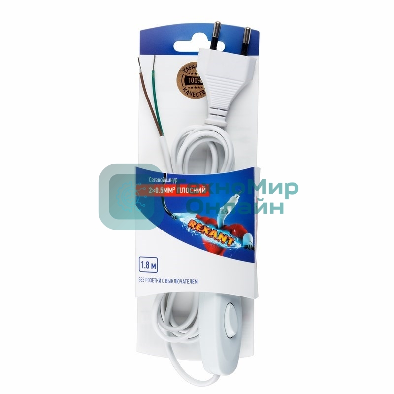 Шнур сетевой Rexant 1.8М с выключателем без розетки белый