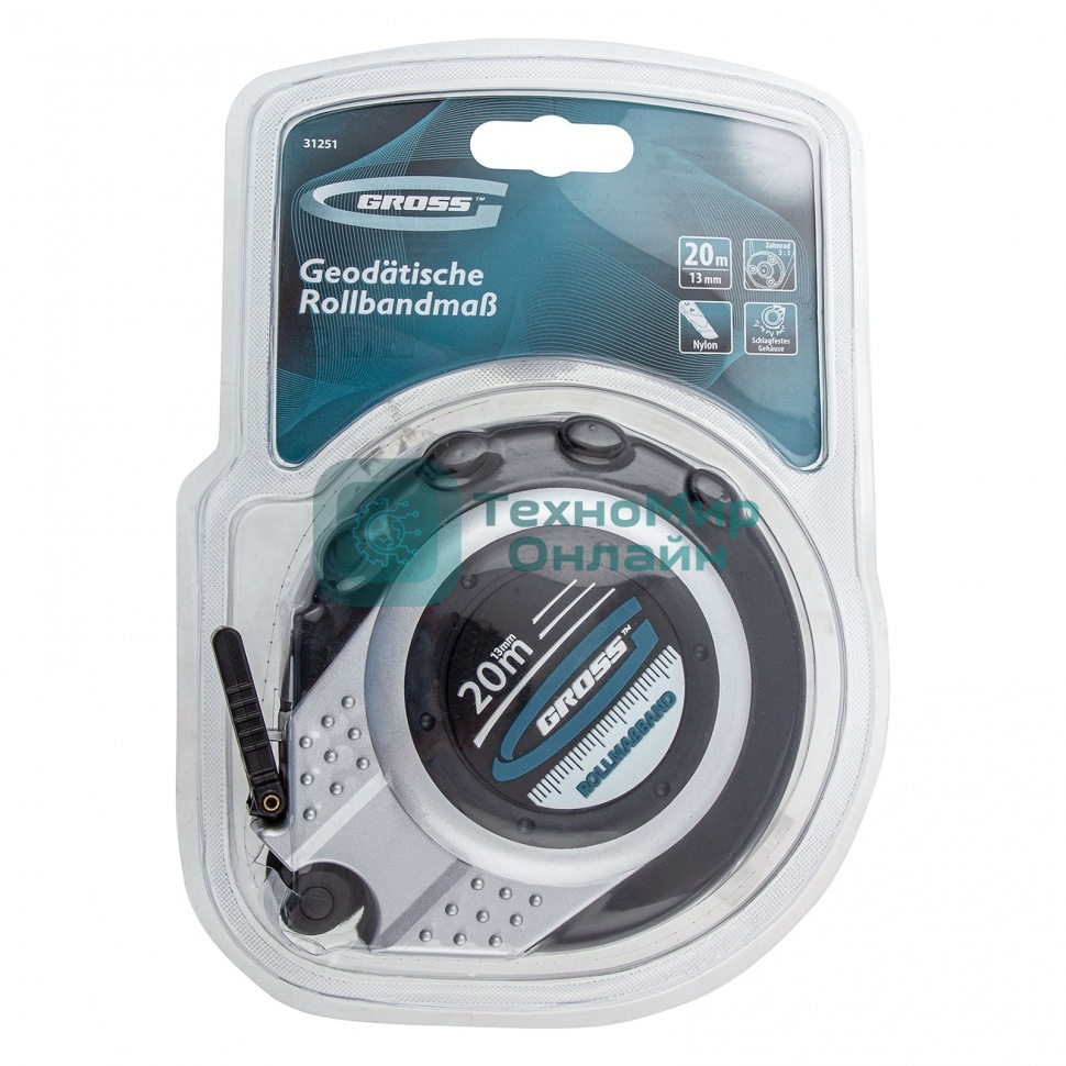 Рулетка геодезическая GROSS 31251 20 м х 13 мм, закр. корп., металл. лента, нейлон, двуст. шкала