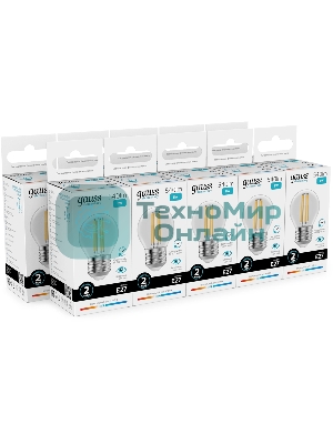 Лампа светодиодная филаментная Gauss Filament 8Вт цок.: E27 шар св. свеч. бел. нейт. (упак.: 10 шт)