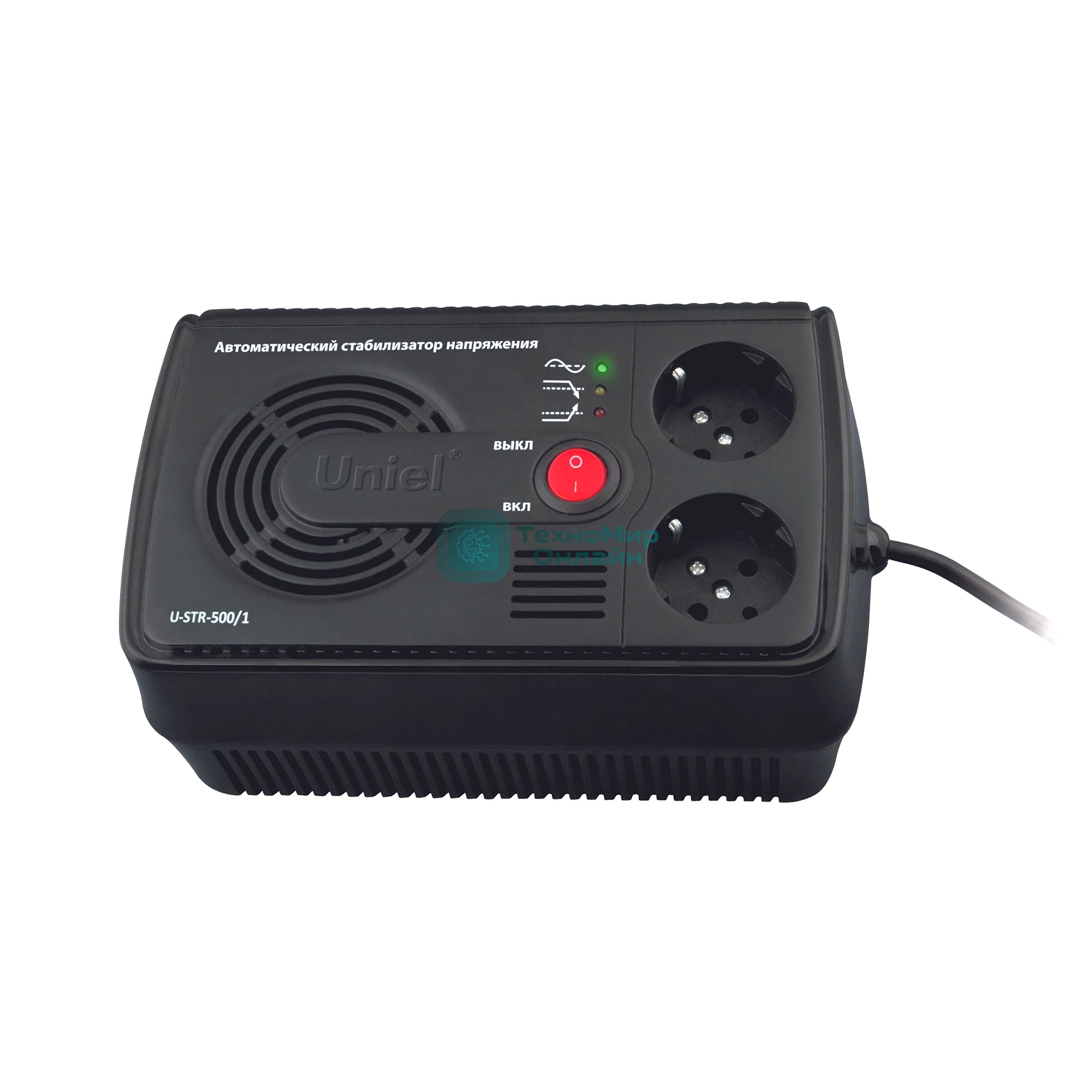 Стабилизатор напряжения UNIEL (9619) U-STR-500/1 серия Standard Courage 500 ВА(Однофазный электронны(релейный) стабилизатор,номинальная мощность 0,5кВА,диапазон входного напряжения 145-280В,выходное напряжение 220+/-10%В,частота 50/60Гц,точность стабилизации 10%,Макс.ток 2,3А, 20мс. Размер: 213x125x92мм.)
