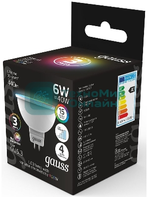Лампа cветодиодная Gauss Smart MR16 6W GU5.3 RGbW+dim 1/10/100