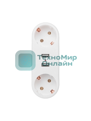 Двойник электрический Rexant линейный 16 А с заземлением + 2 USB-порта, 2,4 А, белый