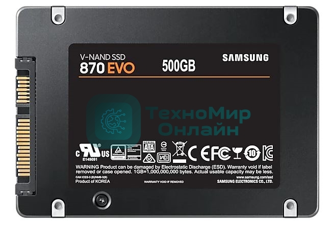 Накопитель SSD SAMSUNG 870 EVO 500Gb Наличие SATA 3.0 3D NAND Скорость записи 530 Мб/сек. Скорость чтения 560 Мб/сек. 2,5