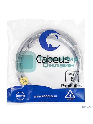Шнур комм. Cabeus, кат. 6, неэкр., U/UTP, RJ45/RJ45, PVC, AWG24, 3м, серый