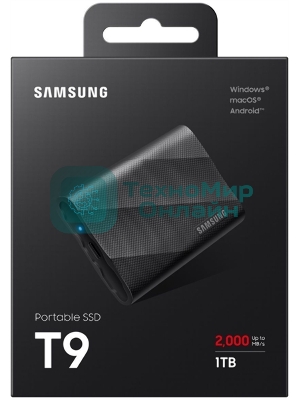 Внешний SSD Samsung T9, 1TB, USB 3.2 Gen 2x2 Type-C, R/W 2000/1950, черный