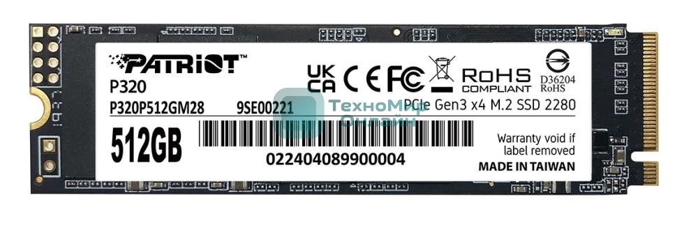 Накопитель SSD Patriot P320, 512Gb, PCIe 3.0 x4, M.2 2280, NVMe, R/W 3000/2200