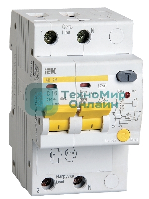 Выключатель автоматический дифференциального тока IEK MAD12-2-016-C-030 АД12М 2Р С16 30мА IEK