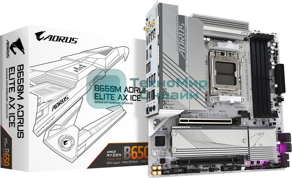 Материнская плата GIGABYTE B650M AORUS ELITE AX ICE, AM5, AMD B650, 4xDDR5, 4xSATA, 2xM.2, 1xPCIe 4.0 x16, 1xPCIe 4.0 x4, 1xDP, 1xHDMI, 1x2.5Gb LAN, Wi-Fi 6E, Bluetooth 5.3, S/PDIF, 2xUSB-C 10Gbps, 2xUSB-A 10Gbps, 5xUSB-A 5Gbps, 4xUSB-A 2.0, 2x3.5 мм, 7.1, mATX