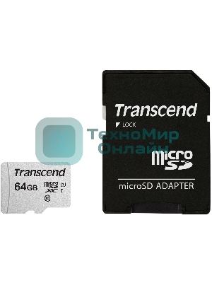 Флеш карта Micro SecureDigital 64Gb Transcend Class 10 TS64GUSD300S-A MicroSDXC Class 10 UHS-I, SD adapter