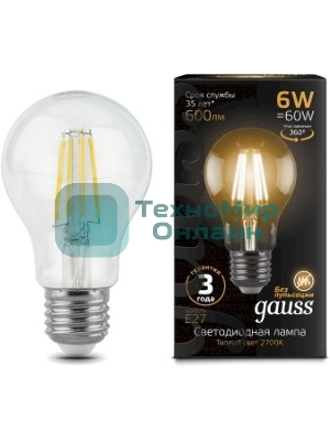 Лампа светодиодная филаментная Gauss 6Вт цок.:E27 шар 220B 2700K св.свеч.белый теп. A60 (упак.:10шт)