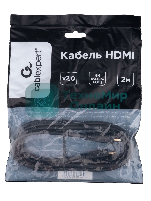 Кабель HDMI Cablexpert CC-HDMI4L-2M, 19M/19M, v2.0, Light, позол.контакты, экран, 2м, черный, пакет